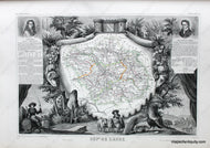 Antique map of the Aube Department of France featuring a map with line coloring at the center surrounded by gorgeous illustrations of notable animals, industries, and people of the region along with some information and statistics. It has a sophisticated aesthetic.