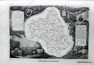 Antique map of the Aveyron Department of France featuring a map with line coloring at the center surrounded by gorgeous illustrations of notable animals, industries, and people of the region along with some information and statistics. It has a sophisticated aesthetic.
