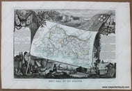 Antique map of the Bouches-du-Rhone Department of France featuring a map with line coloring at the center surrounded by gorgeous illustrations of notable animals, industries, and people of the region along with some information and statistics. It has a sophisticated aesthetic.