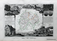 Antique map of the Cantal Department of France featuring a map with line coloring at the center surrounded by gorgeous illustrations of notable animals, industries, and people of the region along with some information and statistics. It has a sophisticated aesthetic.