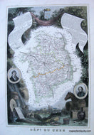 Antique map of the Cher Department of France featuring a map with line coloring at the center surrounded by gorgeous illustrations of notable animals, industries, and people of the region along with some information and statistics. It has a sophisticated aesthetic.