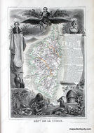 Antique map of the island of Corsica or Corse of France featuring a map with line coloring at the center surrounded by gorgeous illustrations of notable animals, industries, and people of the region along with some information and statistics. It has a sophisticated aesthetic.