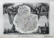 Antique map of the Cote-d'Or Department of France featuring a map with line coloring at the center surrounded by gorgeous illustrations of notable animals, industries, and people of the region along with some information and statistics. It has a sophisticated aesthetic.