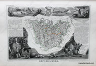 Antique map of the Eure Department of France featuring a map with line coloring at the center surrounded by gorgeous illustrations of notable animals, industries, and people of the region along with some information and statistics. It has a sophisticated aesthetic.