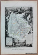 Antique map of Gironde Department in France with Bordeaux, surrounded by detailed black and white illustrations relating to the department. By Levasseur.