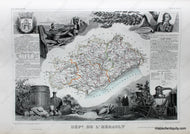 Antique-Hand-Colored-Map-Dept.-de-L'Herault-Europe-France-1851-Levasseur-Maps-Of-Antiquity