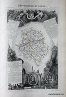 Antique map of the Indre-et-Loire Department of France featuring a map with line coloring at the center surrounded by gorgeous illustrations of notable animals, industries, and people of the region along with some information and statistics. It has a sophisticated aesthetic.