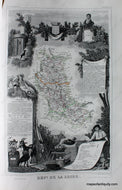 Antique map of the Loire Department of France featuring a map with line coloring at the center surrounded by gorgeous illustrations of notable animals, industries, and people of the region along with some information and statistics.