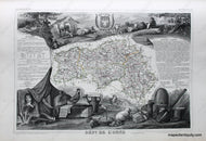 Antique map of the Orne Department of France featuring a map with line coloring at the center surrounded by gorgeous illustrations of notable animals, industries, and people of the region along with some information and statistics.
