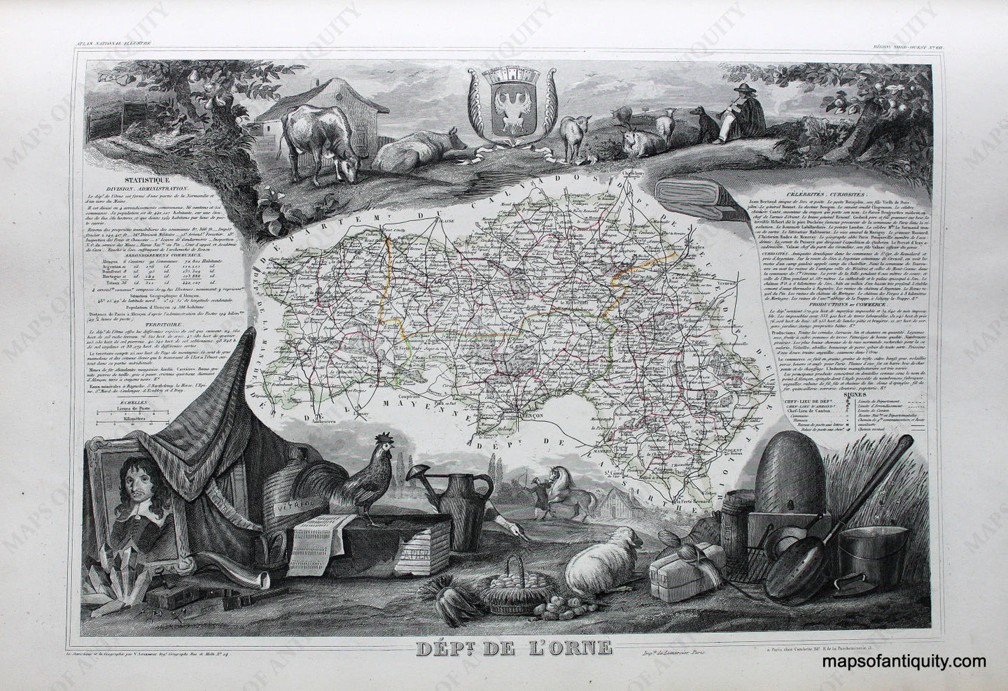 Antique-Hand-Colored-Map-Dept.-de-L'Orne.-Europe-France-1851-Levasseur-Maps-Of-Antiquity