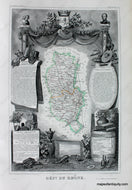 Antique map of the Rhone Department of France featuring a map with line coloring at the center surrounded by gorgeous illustrations of notable animals, industries, and people of the region along with some information and statistics. It has a sophisticated aesthetic.