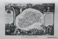 Antique map of the Haute-Saone Department of France featuring a map with line coloring at the center surrounded by gorgeous illustrations of notable animals, industries, and people of the region along with some information and statistics. It has a sophisticated aesthetic.