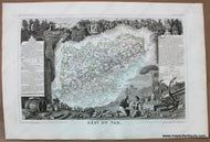 Antique map of the Dept du Var of France when it contained Grasse, Antibes, and Cannes along the French Riviera, with exquisite engraved illustrations around the map.
