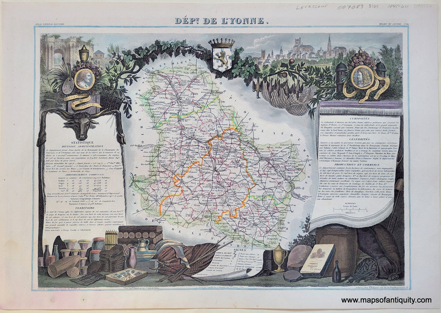 Antique-Hand-Colored-Map-Dept.-de-L'yonne-France-Europe-France-1851-Levasseur-Maps-Of-Antiquity