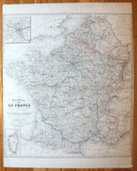 Antique map of France showing postal routes and other roads in 1851 with hand-colored line coloring following routes and boundaries.
