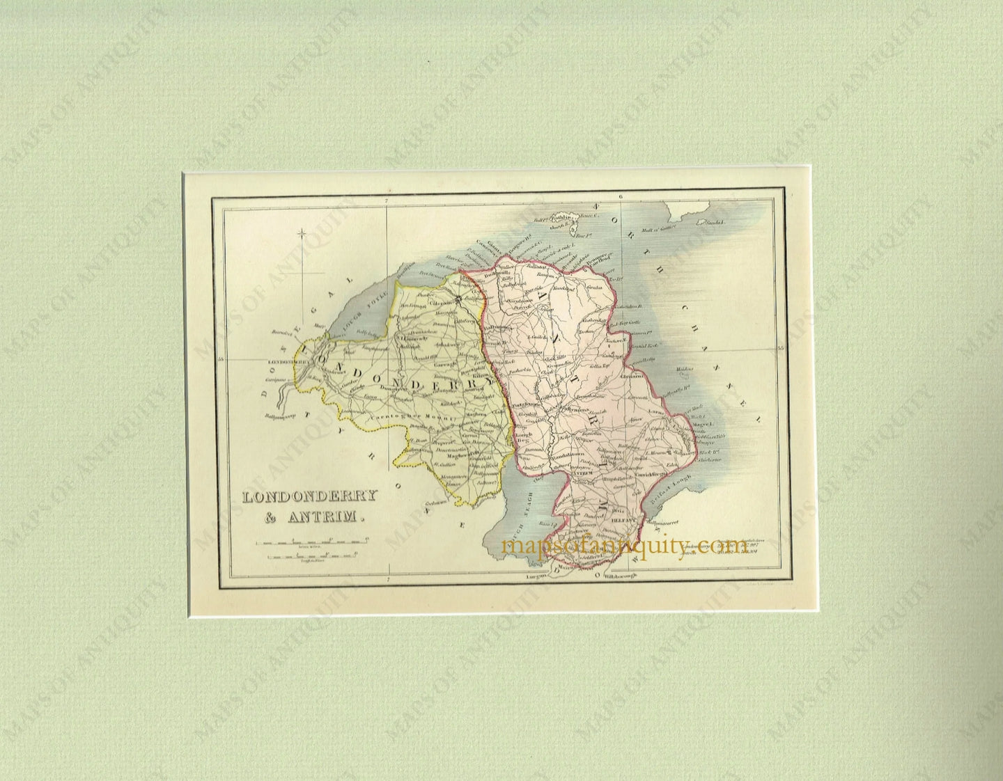 Antique-Hand-Colored-Map-Londonderry-&-Antrim-Europe-Ireland-1870-unknown-Maps-Of-Antiquity