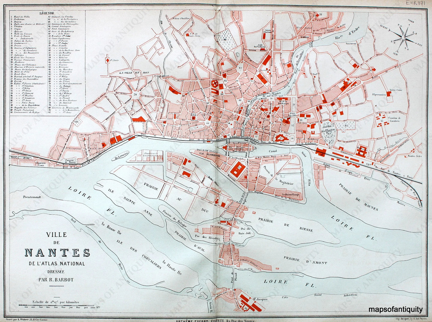 Antique-Printed-Map-Ville-de-Nantes-Europe-France-1877-Fayard-Maps-Of-Antiquity