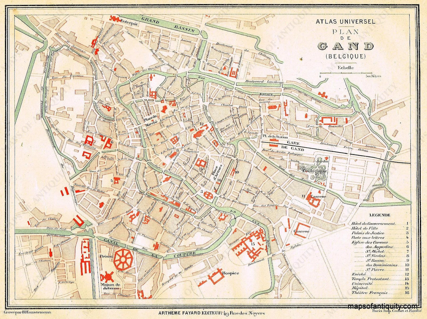 Antique-Printed-Map-Plan-de-Gand-Europe-Belgium-1877-Fayard-Maps-Of-Antiquity