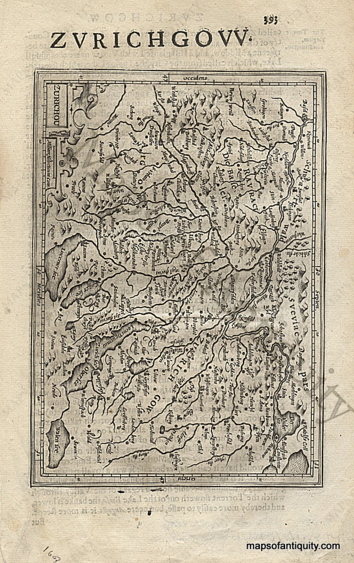 Black-and-White-Engraved-Antique-Map-Zurichgow/Zurichou.-Europe-Switzerland-1635-Hondius/Mercator-Maps-Of-Antiquity