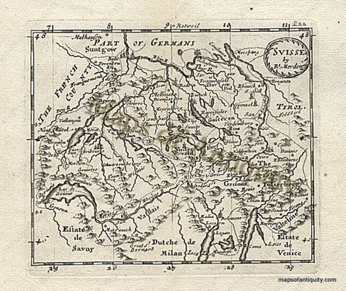 Black-and-White-Engraved-Antique-Map-Suisse-by-Robt.-Morden-Europe-Switzerland-1688-Morden-Maps-Of-Antiquity