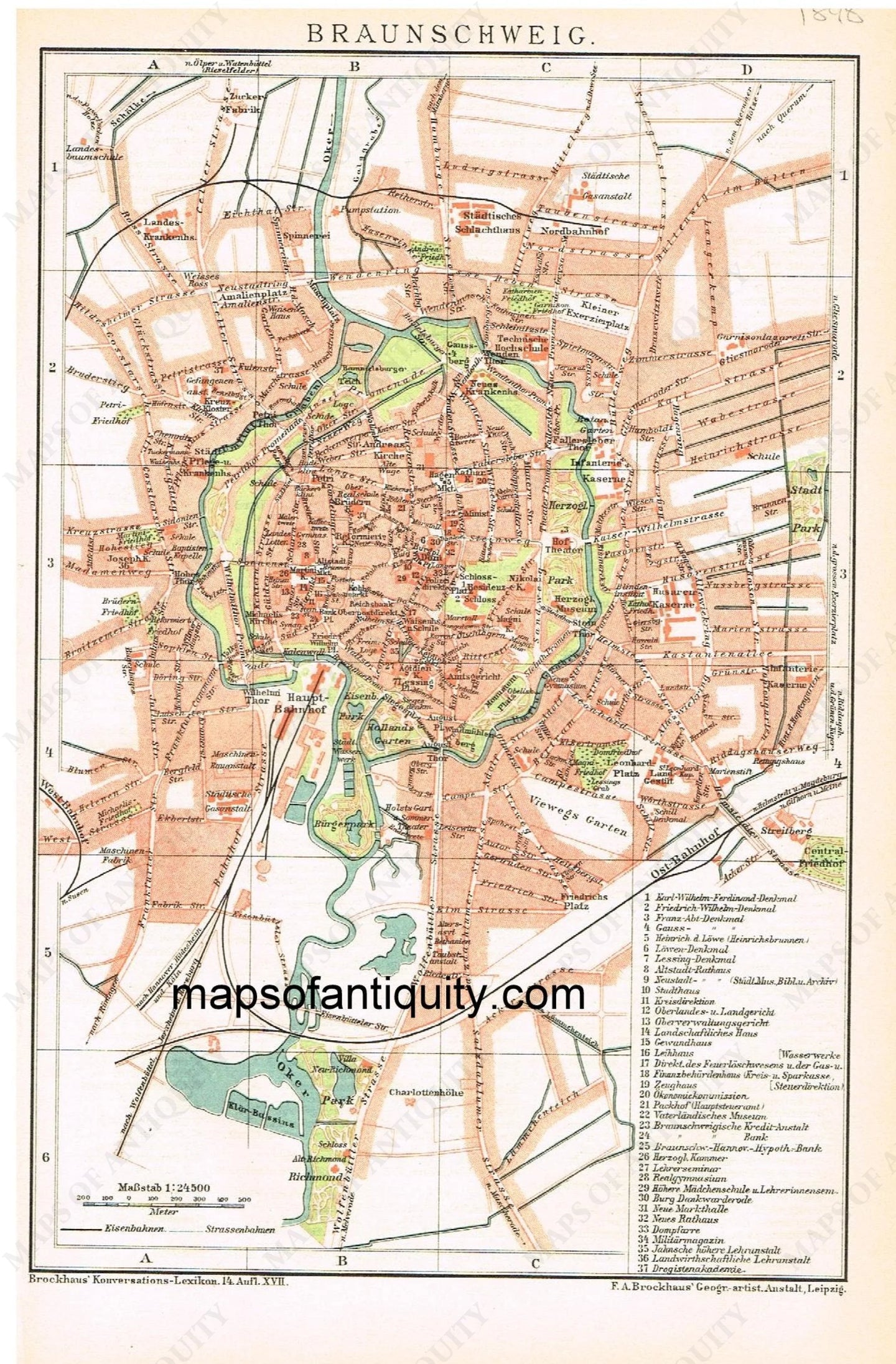 Antique-Printed-Map-Braunschweig-Europe-Germany-1898-Brockhaus-Maps-Of-Antiquity