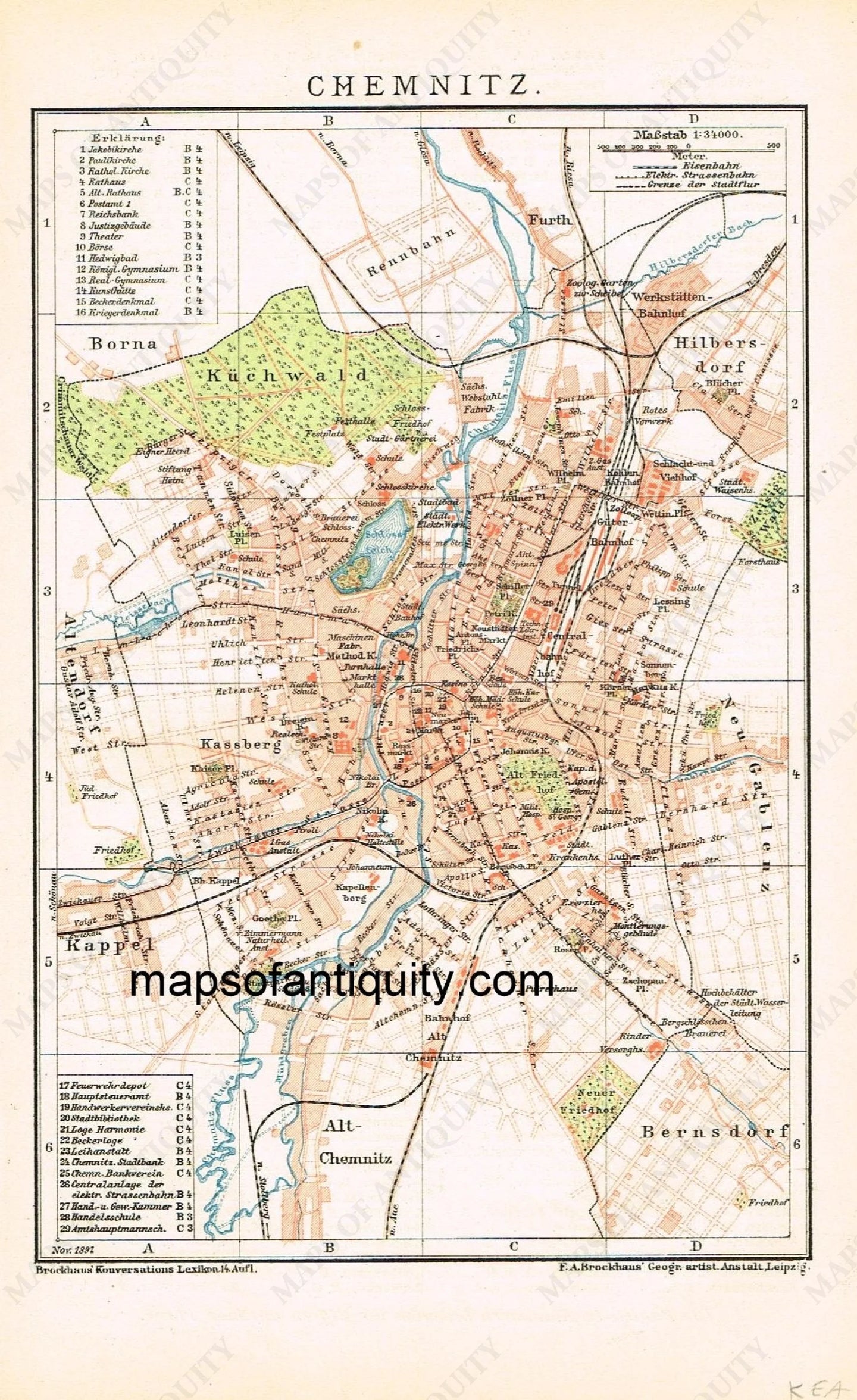 Antique-Printed-Map-Chemnitz-Europe-Germany-1892-Brockhaus-Maps-Of-Antiquity