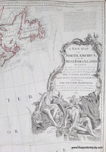 Load image into Gallery viewer, Title and decorative cartouche of Large handsome map of North America covering from the Windward Islands in the Caribbean to Baha California and Newfoundland to the top of South America. Genuine-Antique-New-Map-North-America-with-West-India-Islands-Pownall-1783-Sayer-Bennett-Maps-Of-Antiquity
