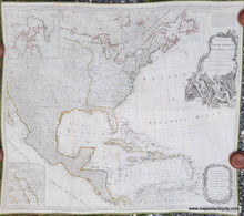 Load image into Gallery viewer, Large handsome map of North America covering from the Windward Islands in the Caribbean to Baha California and Newfoundland to the top of South America. Genuine-Antique-New-Map-North-America-with-West-India-Islands-Pownall-1783-Sayer-Bennett-Maps-Of-Antiquity
