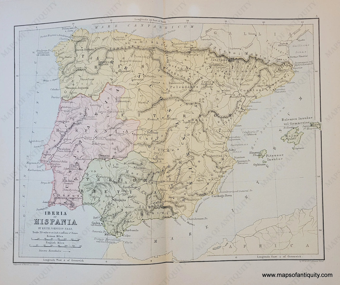 Genuine-Antique-Map-Iberia-or-Hispania-Spain-1910-Johnston-Maps-Of-Antiquity