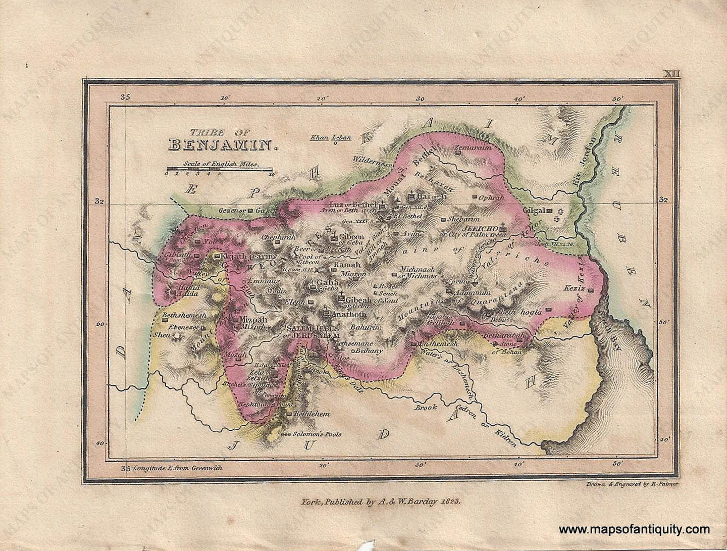 Genuine-Antique-Map-Tribe-of-Benjamin--1823-Palmer-Maps-Of-Antiquity