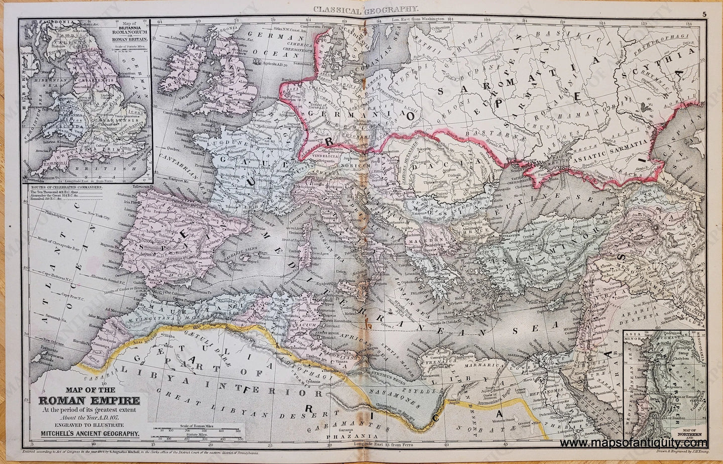 Genuine-Antique-Map-Map-of-the-Roman-Empire-At-the-period-of-its-Greatest-Extent-About-the-Year-A-D-107-Engraved-to-Illustrate-Mitchells-Ancient-Geography-Ancient-World-1871-Mitchell-Maps-Of-Antiquity-1800s-19th-century