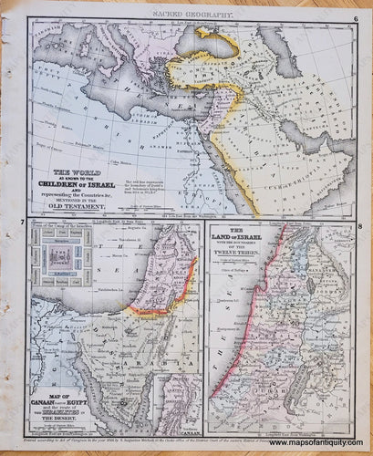 Genuine-Antique-Map-Page-with-three-maps-The-World-as-known-to-the-Children-of-Israel-and-representing-the-Countries-&c-Mentioned-in-the-Old-Testament;-Map-of-Canaan-part-of-Egypt-and-the-route-of-the-Israelites-in-the-Desert;-The-Land-of-Israel-with-the-Boundaries-of-the-Twelve-Tribes-Ancient-World-Middle-East-Holy-Land-1871-Mitchell-Maps-Of-Antiquity-1800s-19th-century