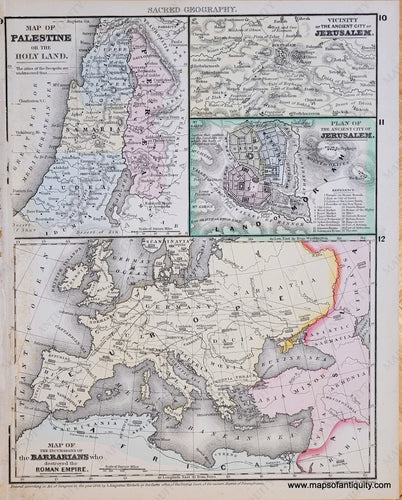 Genuine-Antique-Map-Page-with-four-maps-Map-of-Palestine-or-the-Holy-Land;-Vicinity-of-the-Ancient-City-of-Jerusalem;-Plan-of-the-Ancient-City-of-Jerusalem;-Map-of-the-Incursions-of-the-Barbarians-who-Destroyed-the-Roman-Empire-Ancient-World-Middle-East-Holy-Land-1871-Mitchell-Maps-Of-Antiquity-1800s-19th-century