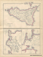 Genuine-Antique-Map-Sicilia-Sicily--Syracusae-The-Two-Ports-of-Brundusium-Brindisi--The-Bay-of-Naples-and-adjacent-Part-of-Campania-Italy-1871-Hughes-Maps-Of-Antiquity