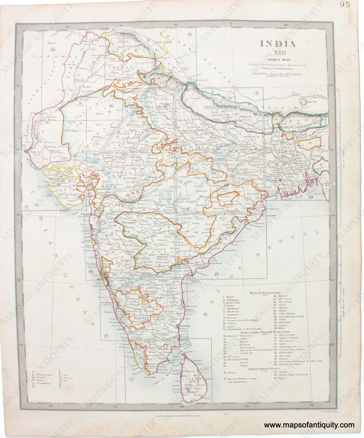 1835 - India Xii Index Map Antique Genuine Hand-Colored