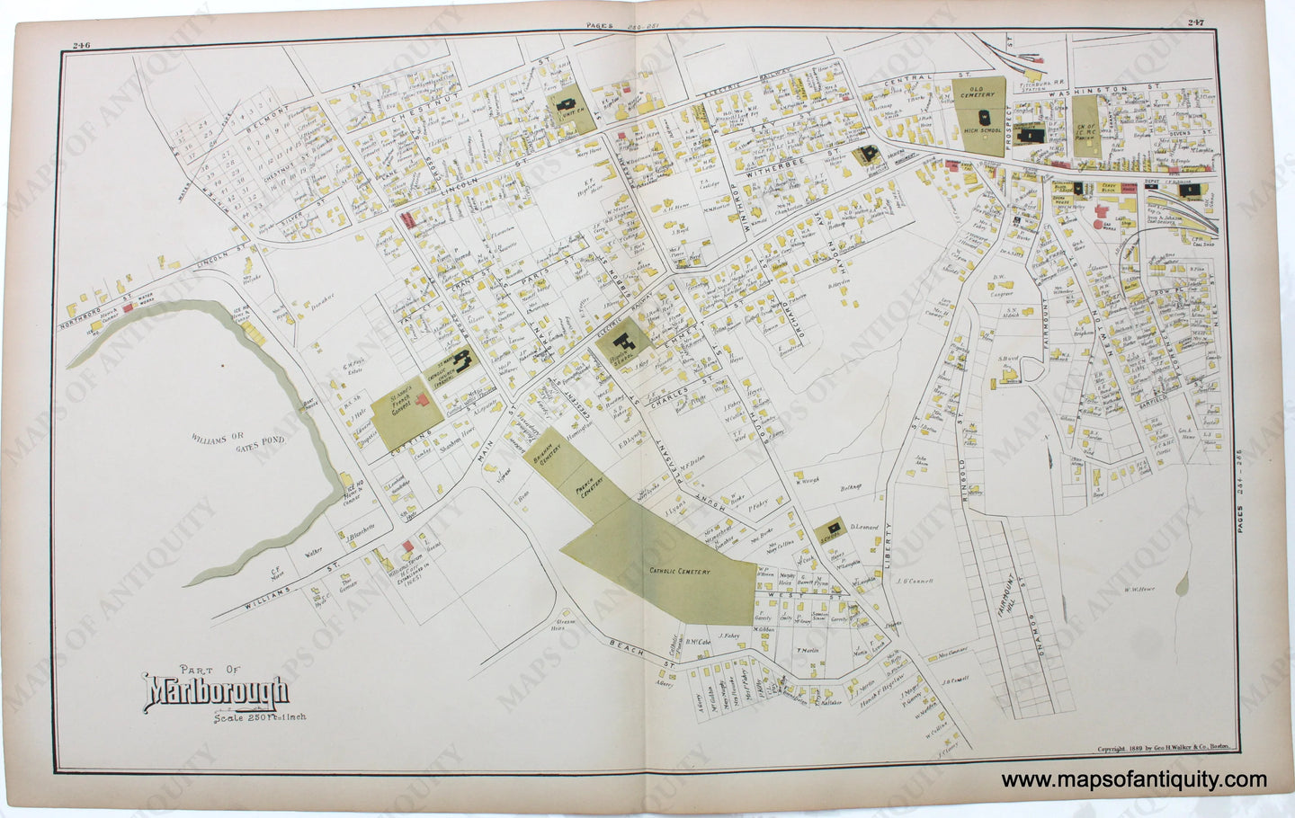 1889 - Part Of Marlborough (Ma) Antique Map Genuine Hand-Colored