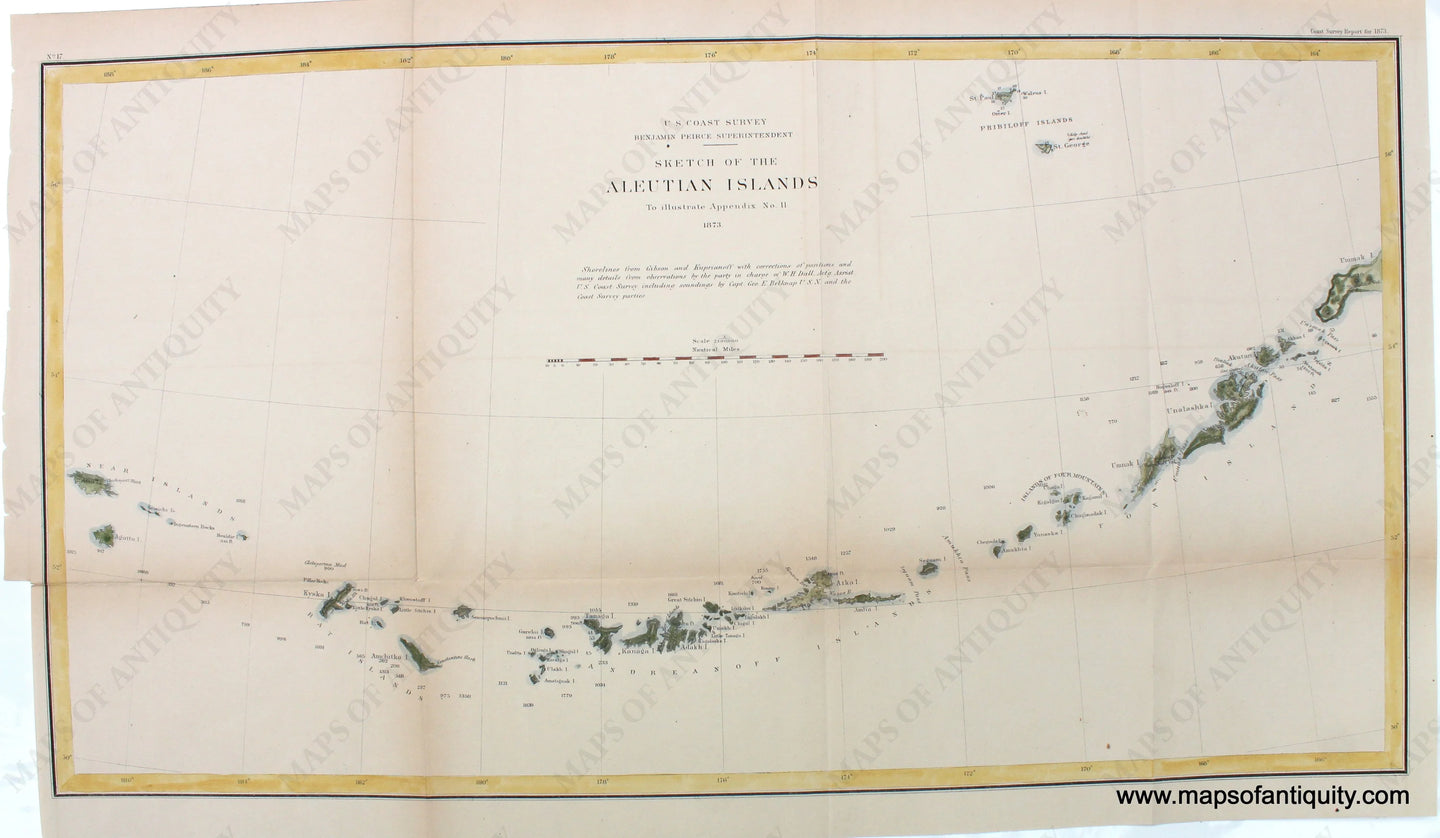 Hand-Colored-Genuine-Antique-Coast-Survey-Report-Chart-Sketch-of-the-Aleutian-Islands-1873-U.S.-Coast-Survey-Maps-Of-Antiquity-1800s-19th-century