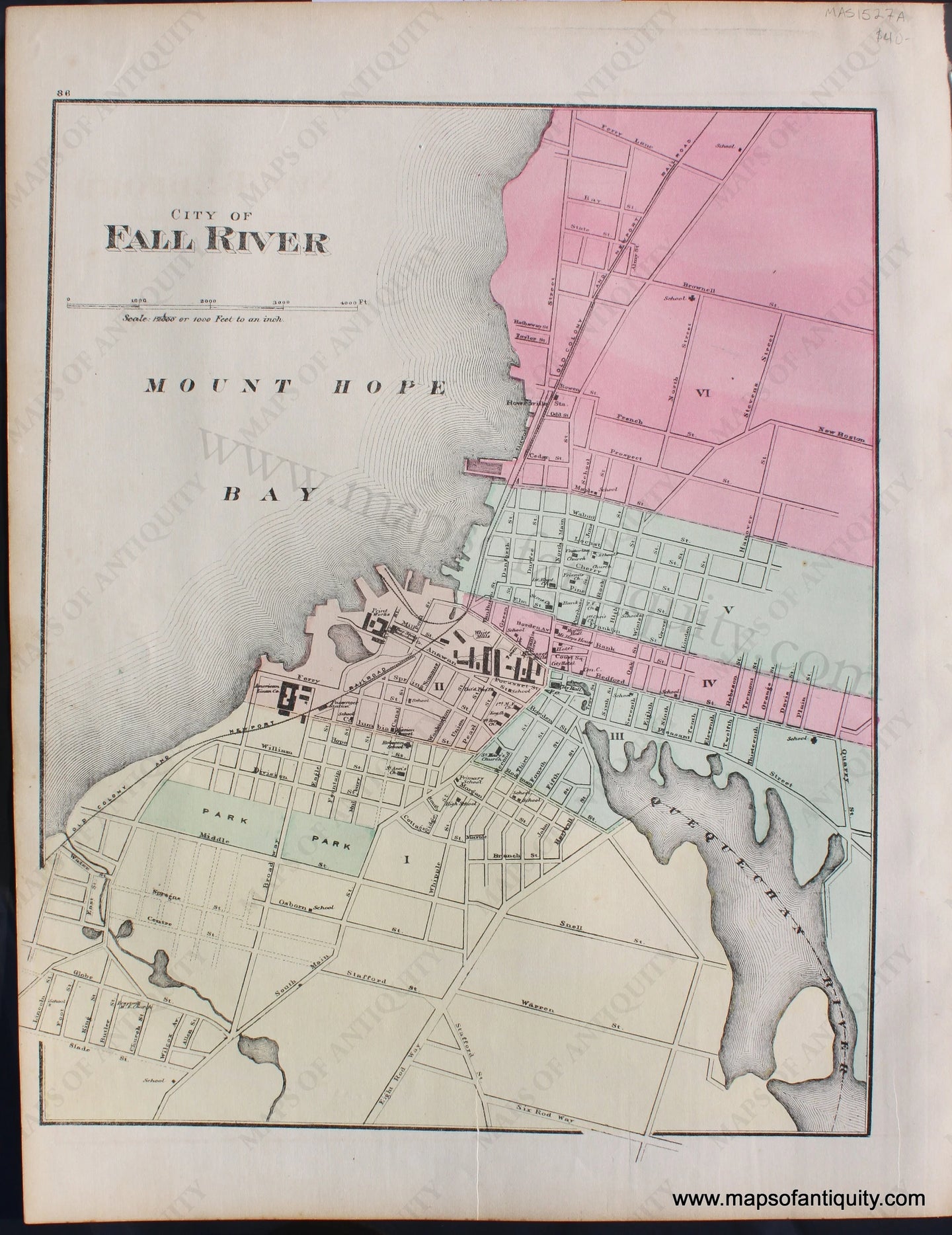 Antique-Hand-Colored-Map-City-of-Fall-River-(MA)-United-States-Massachusetts-1871-Walling-&-Gray-Maps-Of-Antiquity