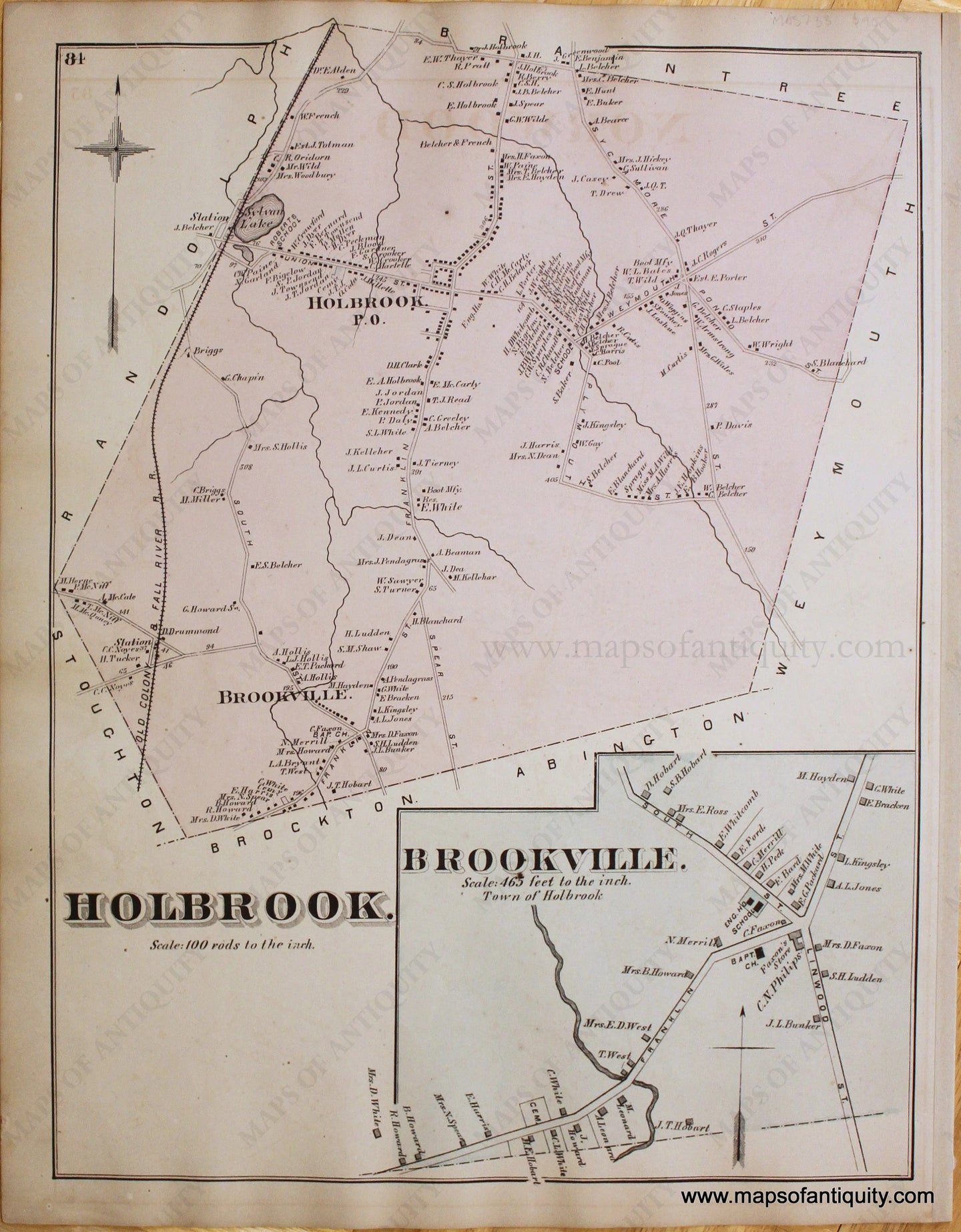 Antique-Hand-Colored-Map-Holbrook.-Brookville.-(MA)-**********-Massachusetts-Norfolk-County-MA-1876-Comstock-&-Cline-Maps-Of-Antiquity