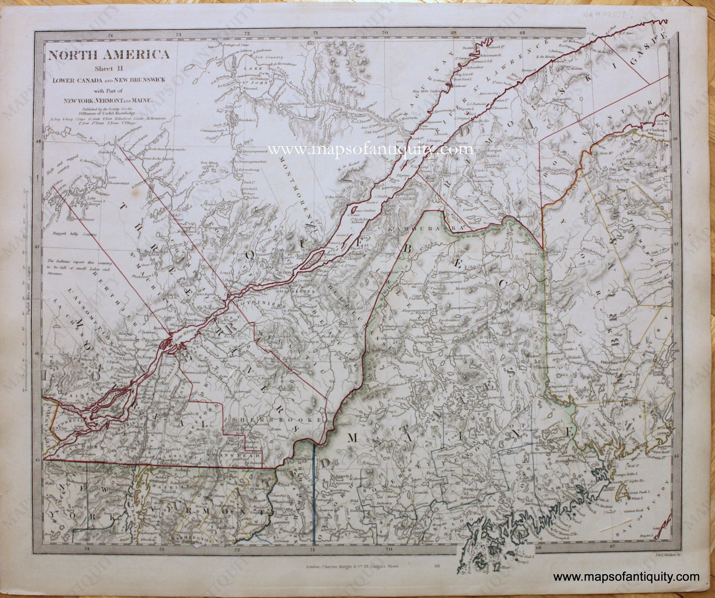 Antique-Hand-Colored-Map-North-America-Sheet-II-Lower-Canada-and-New-Brunswick-with-Part-of-New-York-Vermont-and-Maine-North-America-North-America-General-1840/1844-SDUK/Society-for-the-Diffusion-of-Useful-Knowledge-Maps-Of-Antiquity