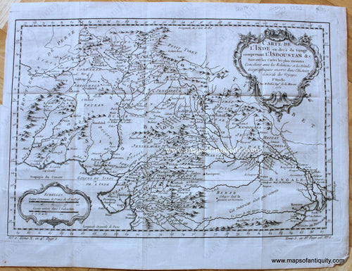 Antique-Early-Map-India-North-Northern-Carte-de-L'Inde-en-deca-du-Gange-comprenant-L'Indoustan-&c.-French-Bellin-1757-1750s-1700s-Mid-Late-18th-Century-Maps-of-Antiquity