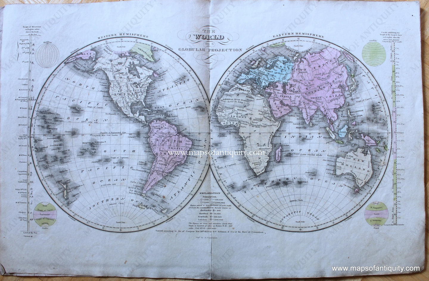 Genuine-Antique-Map-The-World-on-a-Globular-Projection-1830-E.-Huntington-/-D.F.-Robinson-&-Co.-Maps-Of-Antiquity