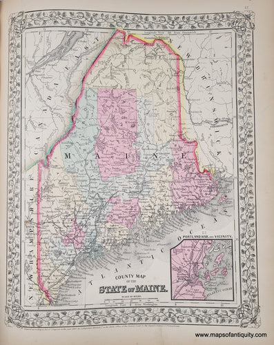 Antique map of Maine in tones of pink, green, yellow. Colored by County