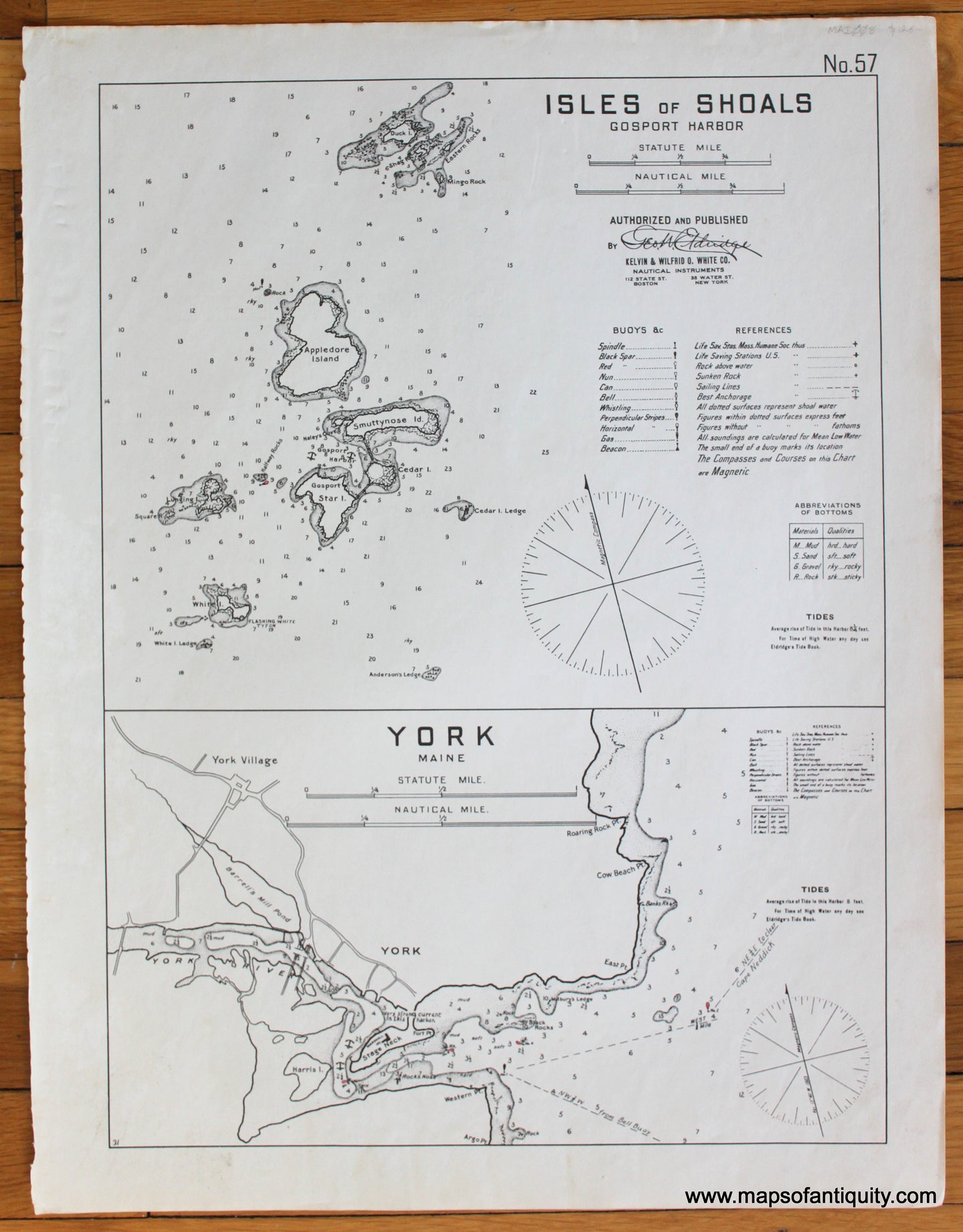 Antique page with two sailing charts. Top shows the area around Isle of Shoals, bottom shows York, Maine. Charts are black and white except for small spots of color indicating light buoys, lighthouses, lightships, etc.