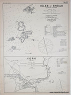 Antique page with two sailing charts. Top shows the area around Isle of Shoals, bottom shows York, Maine. Charts are black and white except for small spots of color indicating light buoys, lighthouses, lightships, etc.
