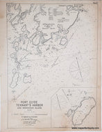Antique Nautical map of Port Clyde, Tennant's Harbor, and Monhegan Island with navigational aids. black and white with tiny red light buoys 