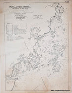 Map of Muscle Ridge Channel from Whitehead to Owls Head, Maine, with text and coordinates.