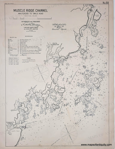 Nautical map of Muscle Ridge Channel from Whitehead to Owls Head, Maine, with text and coordinates. Black-and-White-Antique-Nautical-Chart-Muscle-Ridge-Channel-Whitehead-to-Owls-Head-United-States-Northeast-c.-1915-Eldridge-Maps-Of-Antiquity
