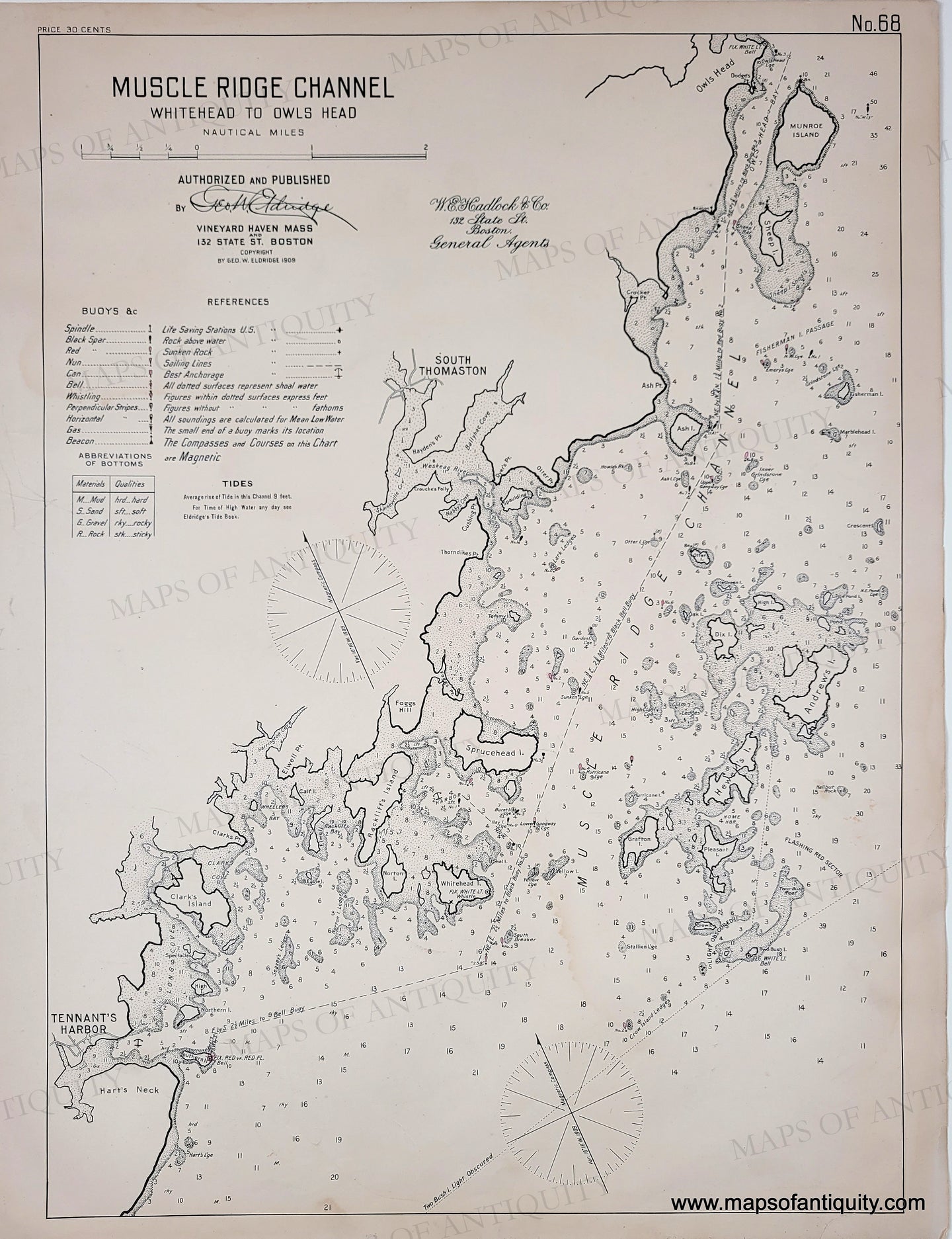 Nautical map of Muscle Ridge Channel from Whitehead to Owls Head, Maine, with text and coordinates. Black-and-White-Antique-Nautical-Chart-Muscle-Ridge-Channel-Whitehead-to-Owls-Head-United-States-Northeast-c.-1915-Eldridge-Maps-Of-Antiquity
