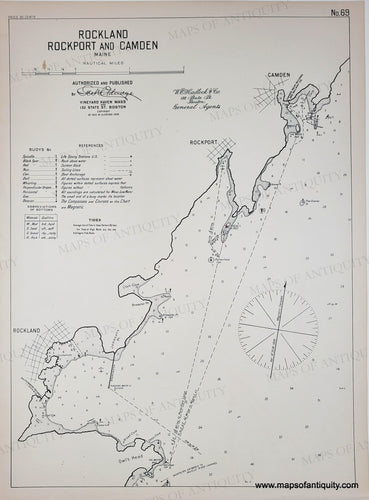 Antique sailing map of Rockland, Rockport, and Camden with navigational details. Black-and-White-Antique-Nautical-Chart-Rockland-Rockport-and-Camden-Maine-United-States-Northeast-c.-1915-Eldridge-Maps-Of-Antiquity